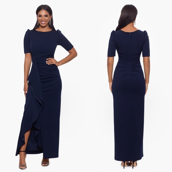 XSCAPE "TRACEY" LONG SCUBA CREPE DRESS NAVY - Picture 1 of 11